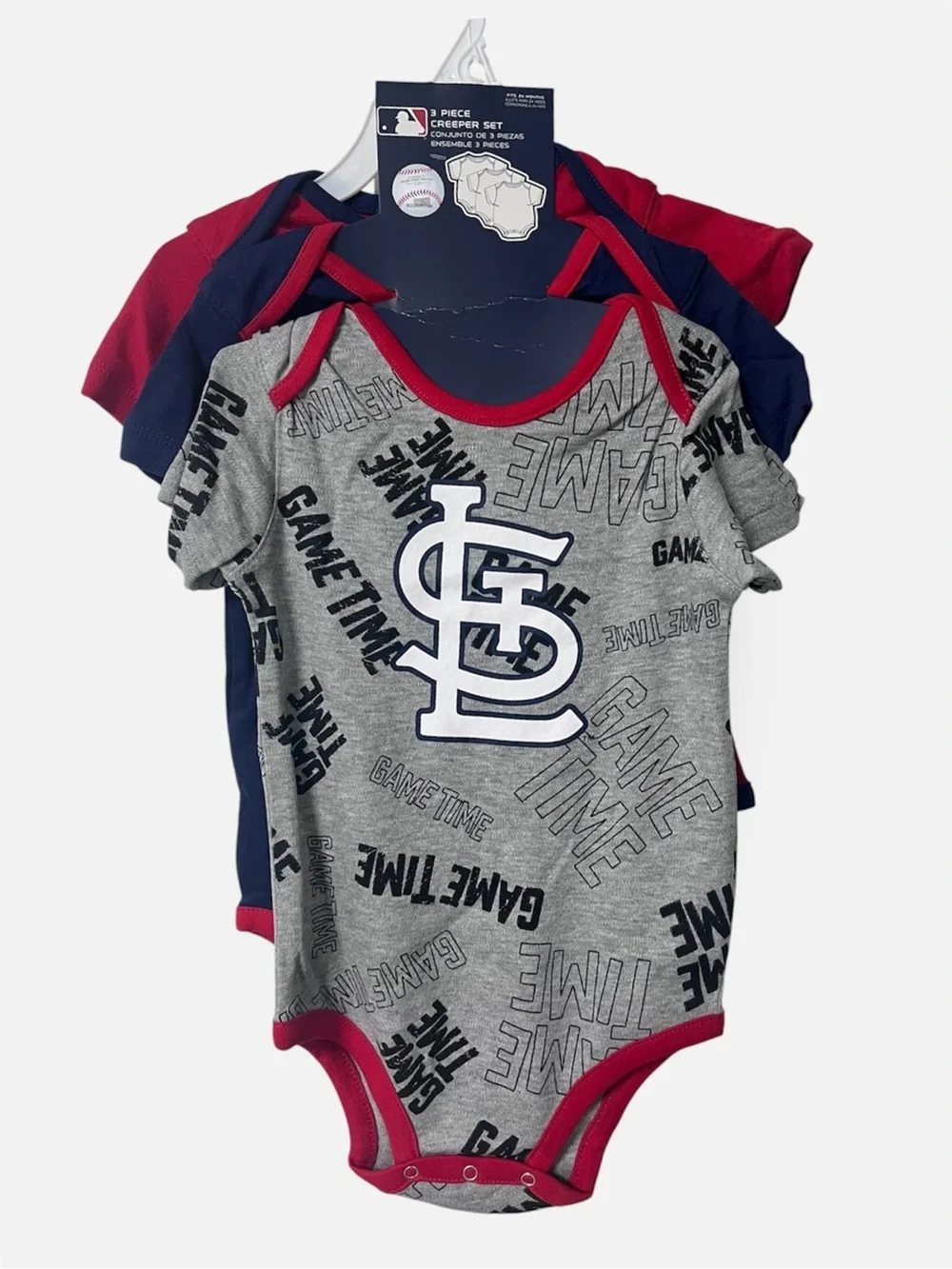 MLB St. Louis Cardinals Gray, Navy & Red 3-Pack Baby Bodysuits 24month